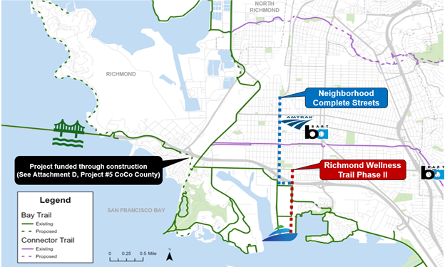 Image shows a map of the proposed active transportation projects in the City of Richmond. The projects will connect existing bike and pedestrian paths to the bridge, making it easier for the public to access the bridge without vehicles.